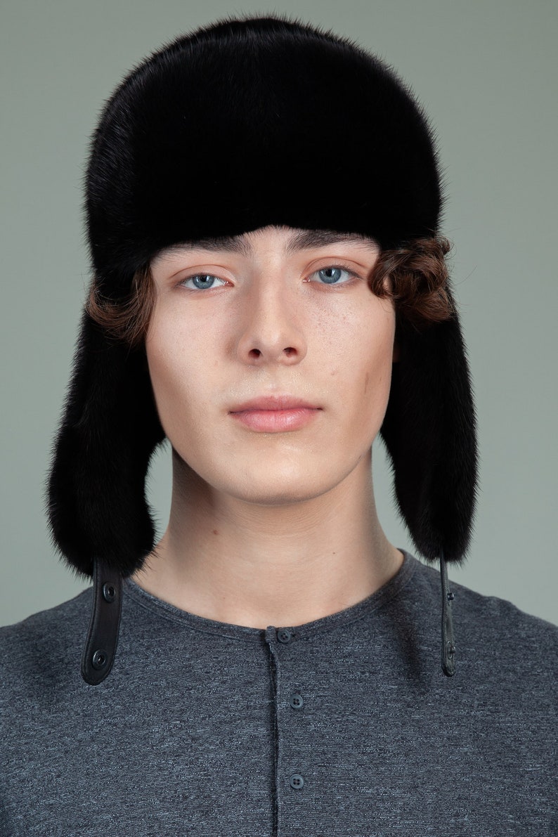 Black Mink Fur Hat Ushanka Trapper Hat With Ear Flaps for Men Etsy