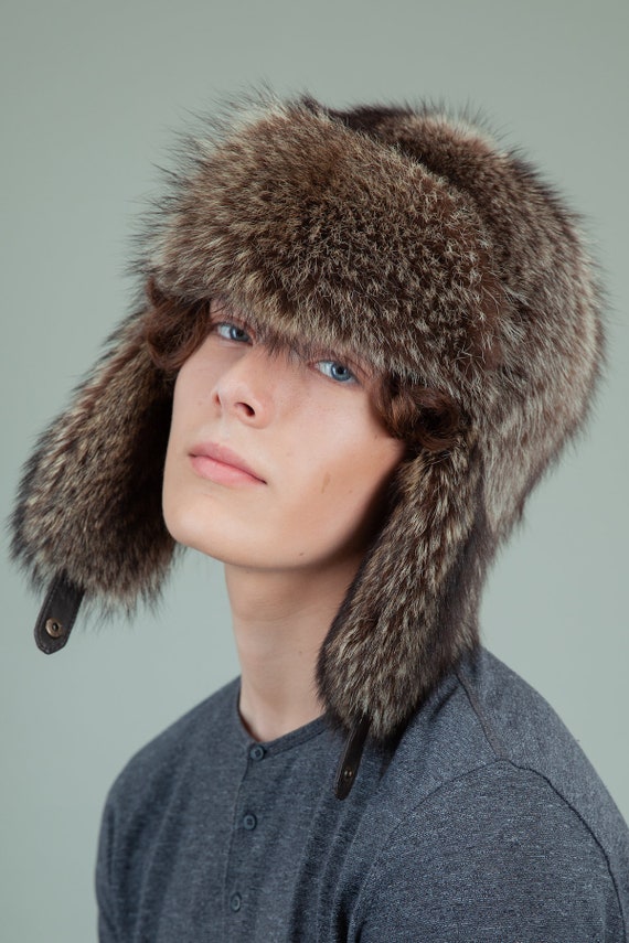 Raccoon Full Fur Ushanka Trapper Hat With Ear Flaps For Men Etsy