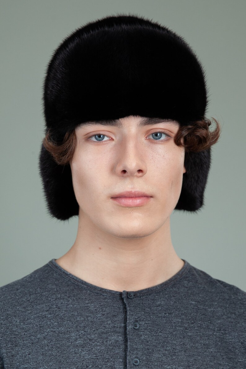 Black Mink Fur Hat Ushanka Trapper Hat With Ear Flaps for Men Etsy