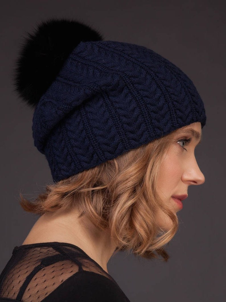 Dark Blue Cashmere Women Knit Beanie Hat With Natural Fox Fur Etsy Canada