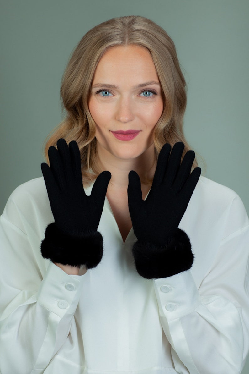 Black Wool Gloves for Women With Mink Fur Wrist Cuffs Etsy