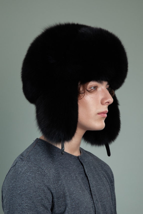 Huge Black Fox Fur Ushanka Trapper Hat 