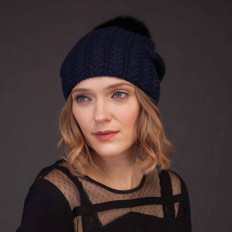 Dark Blue Cashmere Women Knit Beanie Hat With Natural Fox Fur - Etsy Canada