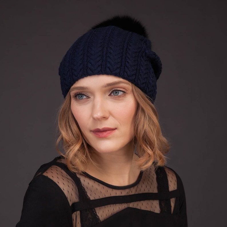 Dark Blue Cashmere Women Knit Beanie Hat With Natural Fox Fur Etsy Canada