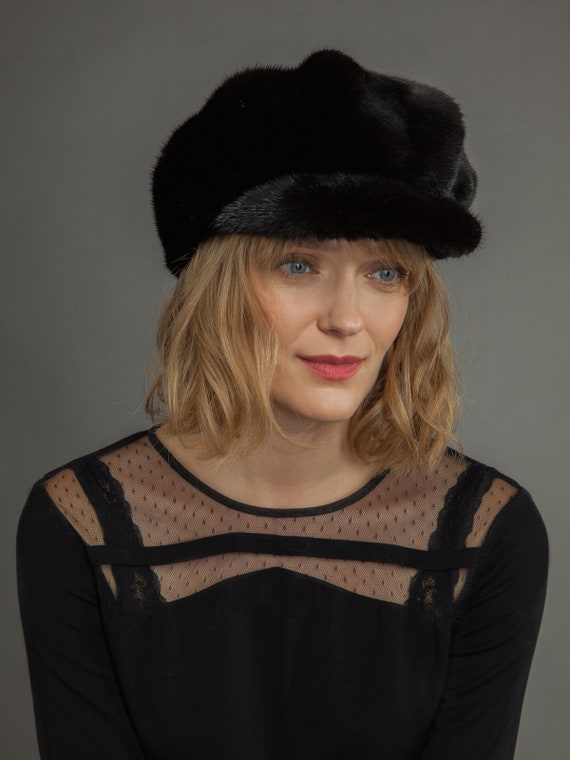 Handmade knitted black mink fur hat