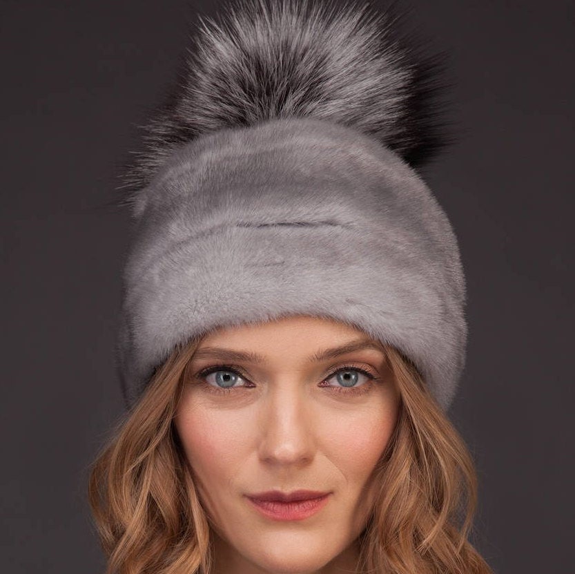 Accessories Hats & Caps Winter Hats Sapphire Mink Fur Hat With Leather Inserts And Big Fox Fur Pom Pom for Women 