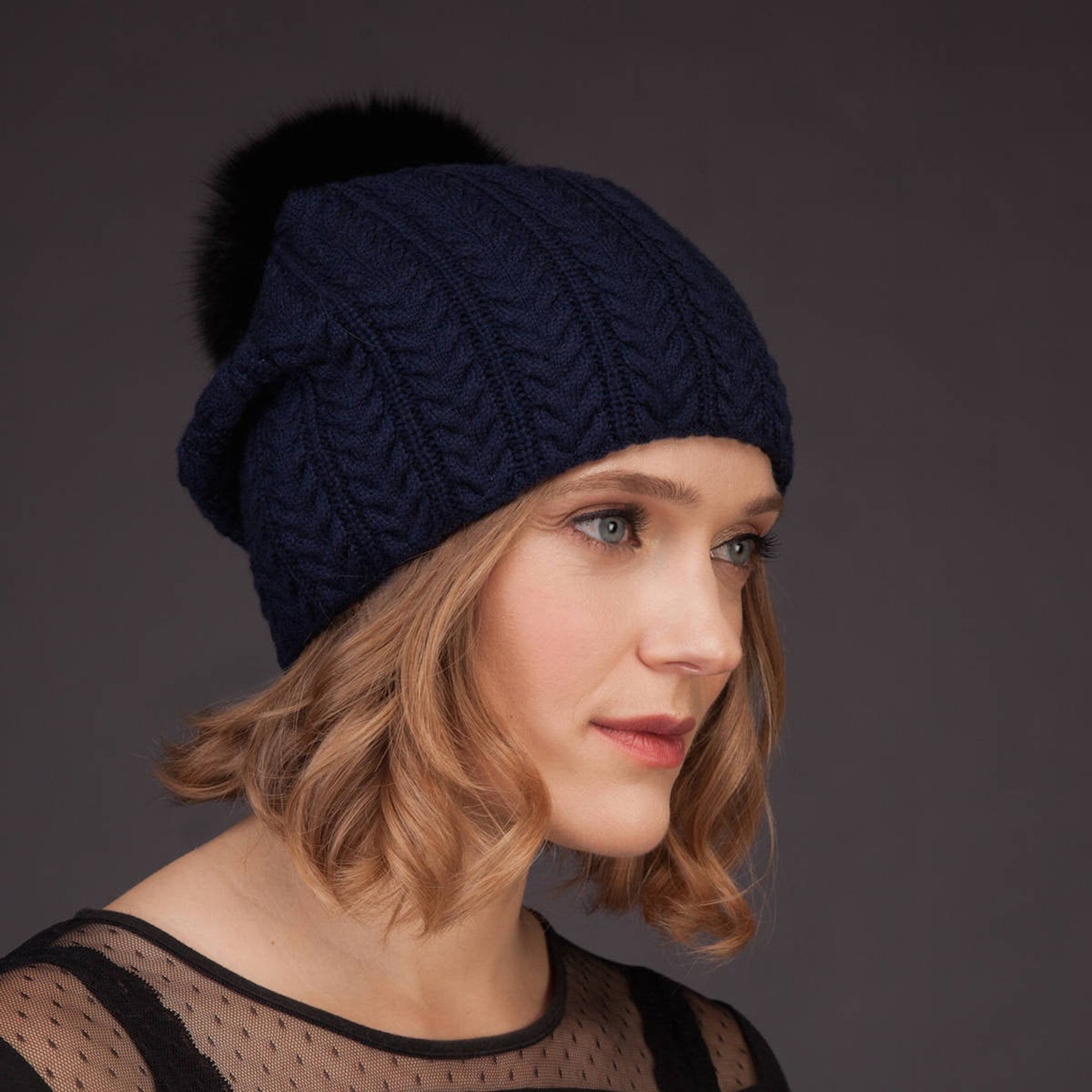 Dark Blue Cashmere Women Knit Beanie Hat With Natural Fox Fur Etsy Canada