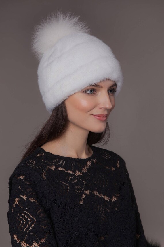 White Mink Fur Hat With Leather Inserts 