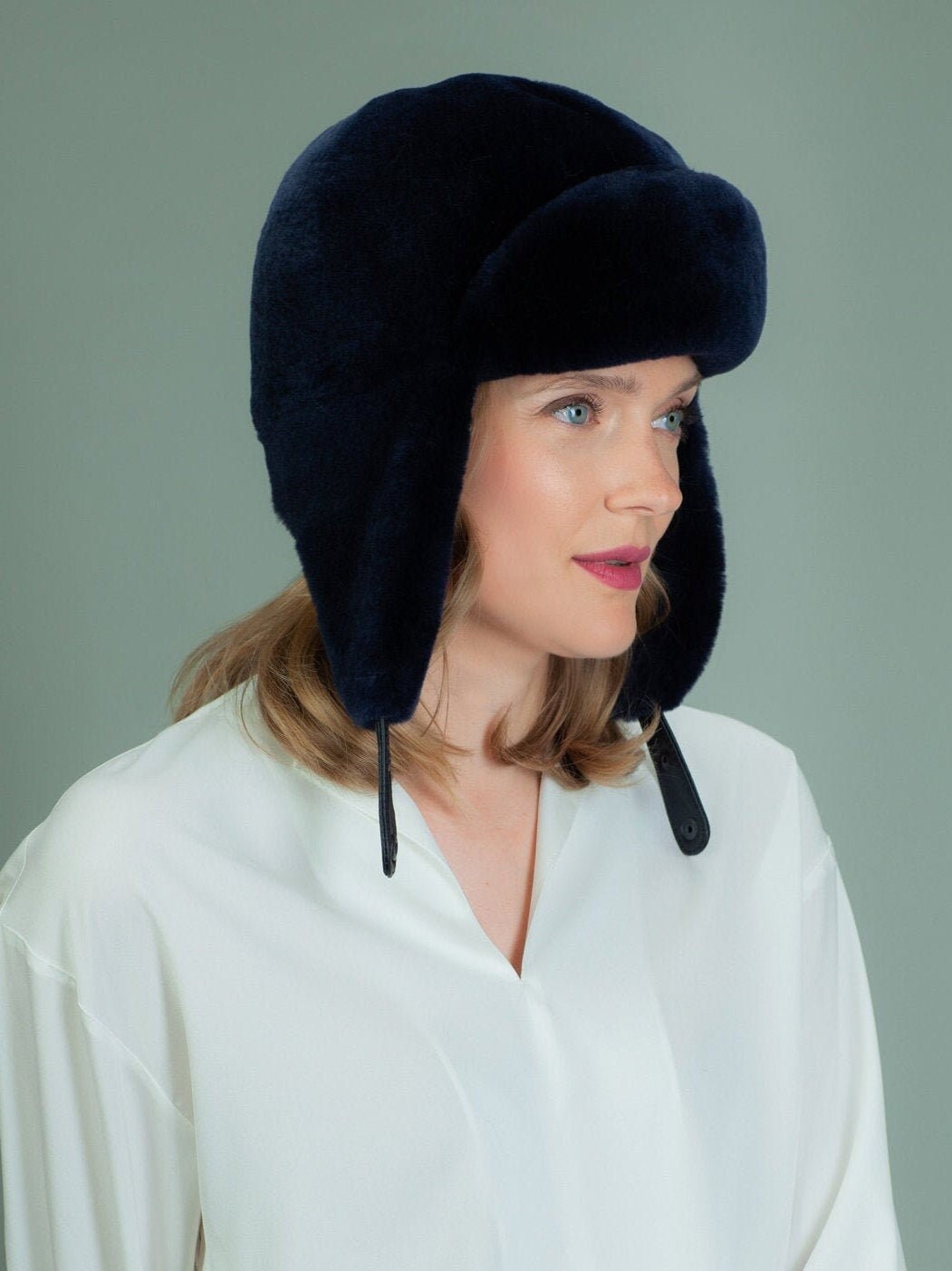 Dark Blue Mouton Sheepskin Fur Hat 