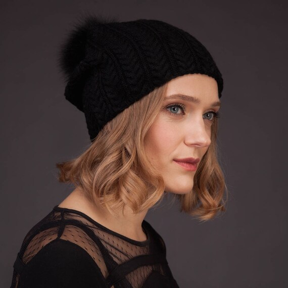 Black Cashmere Women Knit Beanie Hat 
