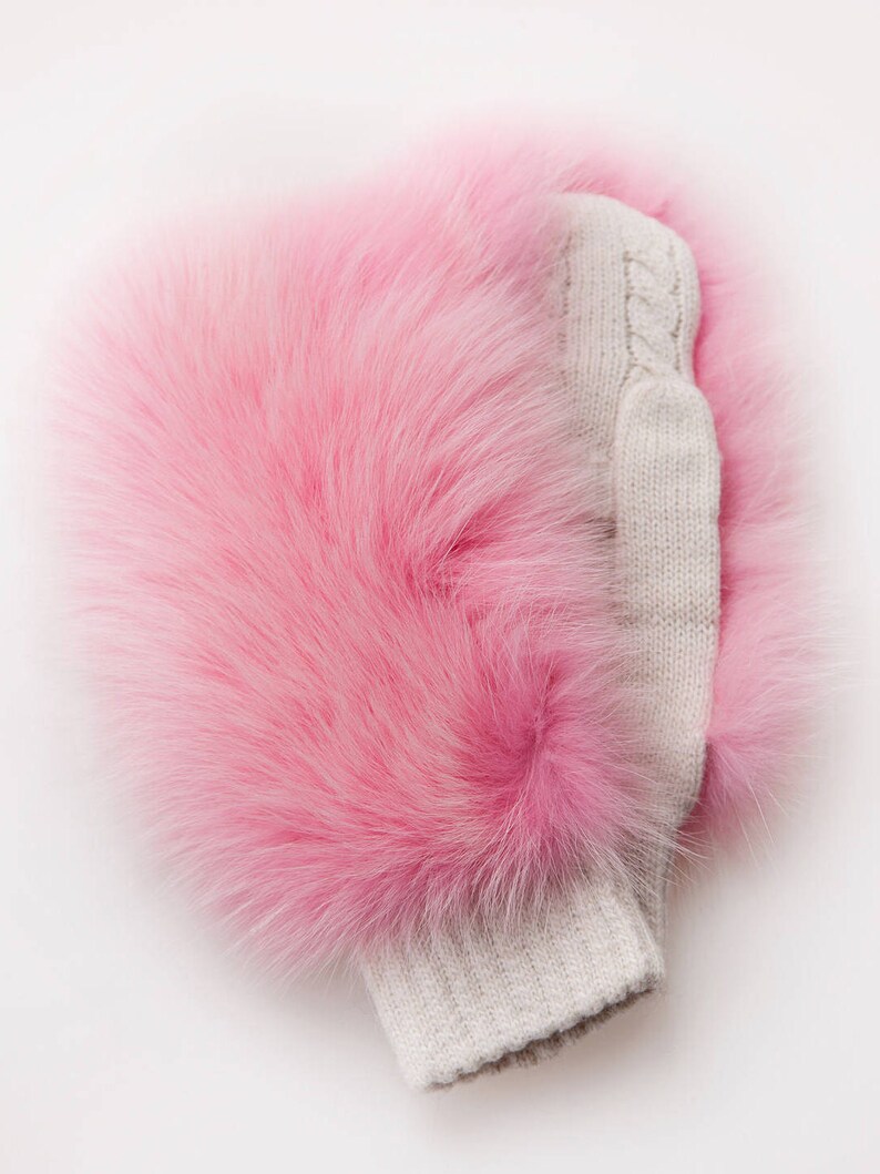 Pink Knitted Wool Mittens / Gloves With Genuine Fox Fur | Etsy