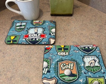 Set of 2 - Quilted GOLFING Coaster Set - Beer Coffee Cup Coasters - Gift for Him - Best Dad Father Grandpa Gift - Golf Theme Gift Mug Rug