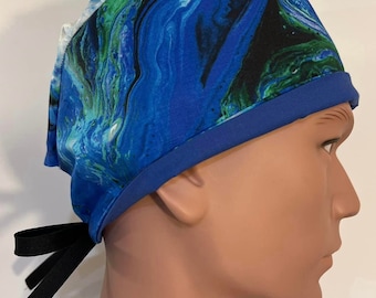Scrub Hat Cap Hat Nurse Medical Tie Back Bonnet - Mens Womens - Swirl Blue Ocean TIE DYE - USA