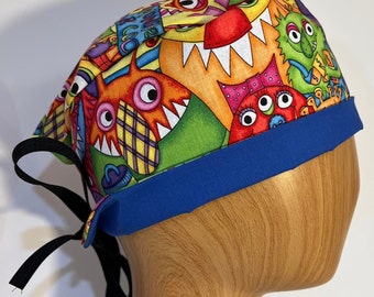 Scrub Hat Cap Hat Nurse Medical Bonnet - Tie Back - Fun Monsters - Mens Womens - Ready to Ship - USA Rainbow Colors