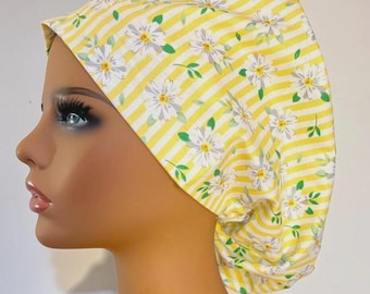 Yellow Bouffant Scrub Hat for Ladies with Long or Short Hair - Flowers Daisies - Euro Medical Surgical Uniform