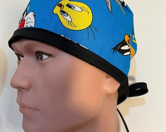 Scrub Hat Cap Hat Nurse Medical Bonnet - Mens or Womens - Looney Tunes Blue - Ready to Ship - Chef or Healthcare