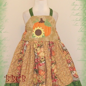 Girls Thanksgiving Fall Theme Pumpkin Dress with Sunflowers Size 4 4T -- Ready to Ship - Holiday Pumpkin Patch Outfit Heirloom