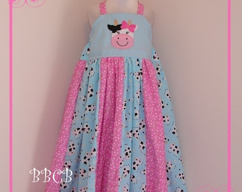 Girls Blue Moo Cow Twirl Dress – Size 6/7, Handmade Ruffle Dress
