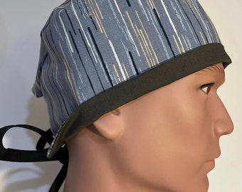 Mens Medical Skull Chemo Scrub Surgical Uniform Cap Hat - Healthcare - Gray Blue Stripes - Tie Back
