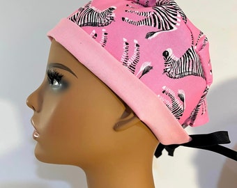 Scrub Hat Cap Hat Nurse Medical Bonnet - Pink ZEBRA Bright Cheerful - Healthcare Chef - Tie Back