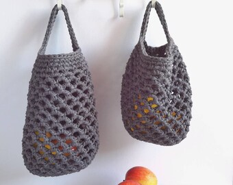 Dark Gray Crochet Hanging Basket: Farmhouse Cotton Vegetable Storage