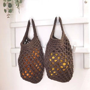 Hanging fruit basket, brown crochet vegetable storage basket, farmhouse decor, eco friendly cotton basket