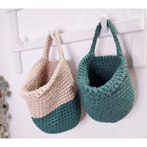 Two-Tone Crochet Wall Basket: Boho Nursery Storage, Green & Beige