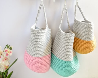 Wall hanging storage basket| two-tone modern boho nursery decor| crochet basket| eco friendly cotton basket