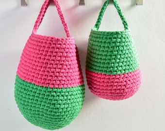 Color block wall hanging storage basket, fuchsia green modern boho nursery decor, crochet basket, eco friendly cotton basket