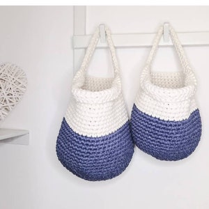 Blue & White Crochet Wall Basket: Boho Nursery Storage