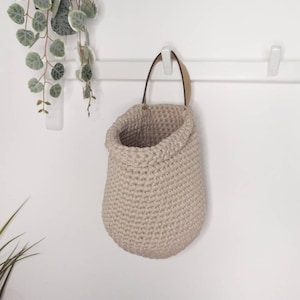 Beige Crochet Wall Basket with Eco-Leather Handle: Boho Nursery Decor