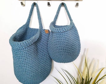 Teal hanging storage basket, crochet hanging basket, eco friendly cotton basket, bathroom storage basket, dorm decor