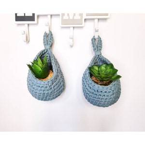 Crochet Hanging Planter Set: Light Teal Cotton Air Plant Holder