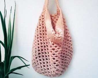 Mesh Hanging basket, pink fruit storage basket, crochet kitchen storage basket, farmhouse decor, eco friendly cotton basket