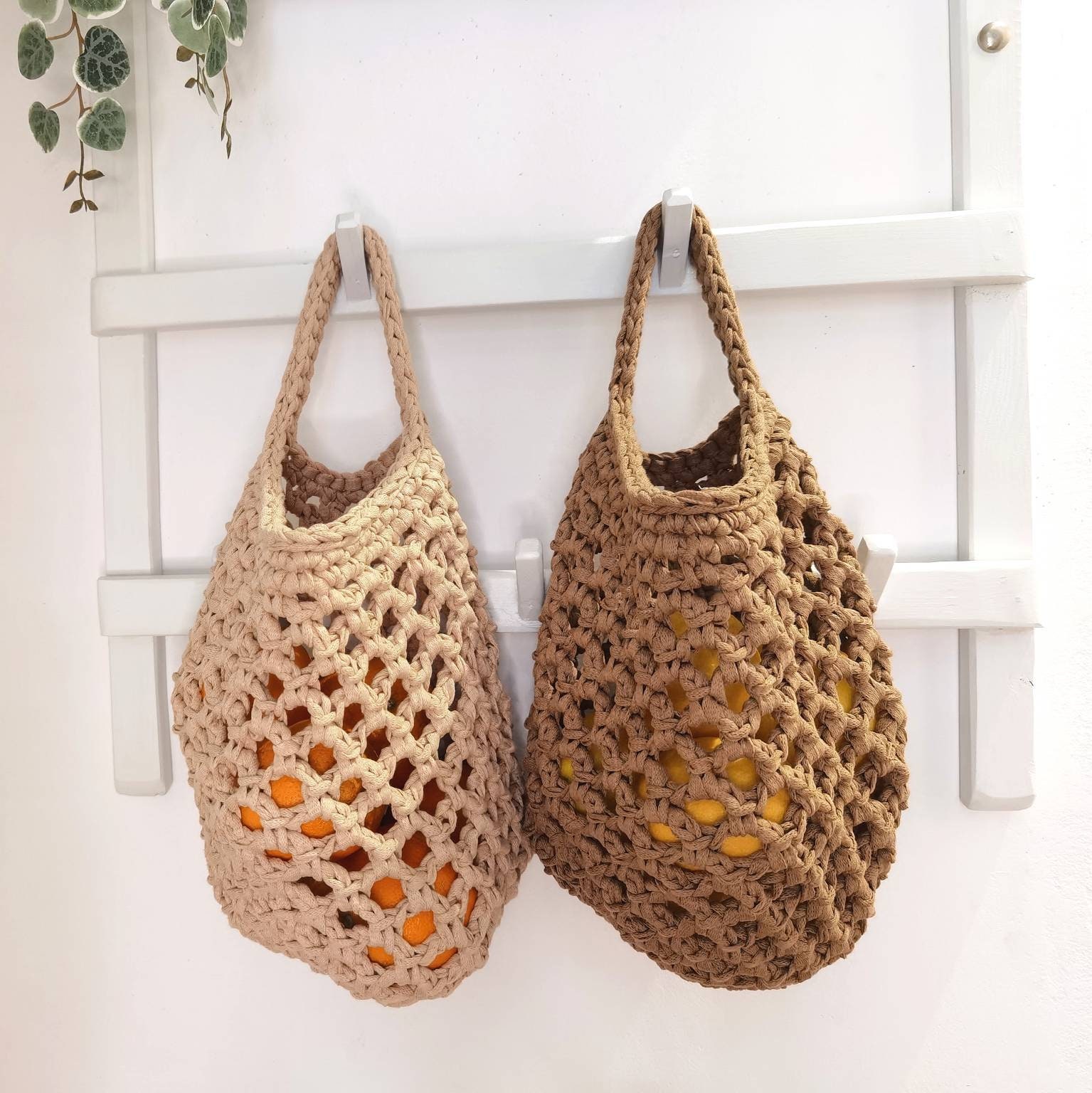 Hanging fruit basket beige crochet vegetable storage basket | Etsy