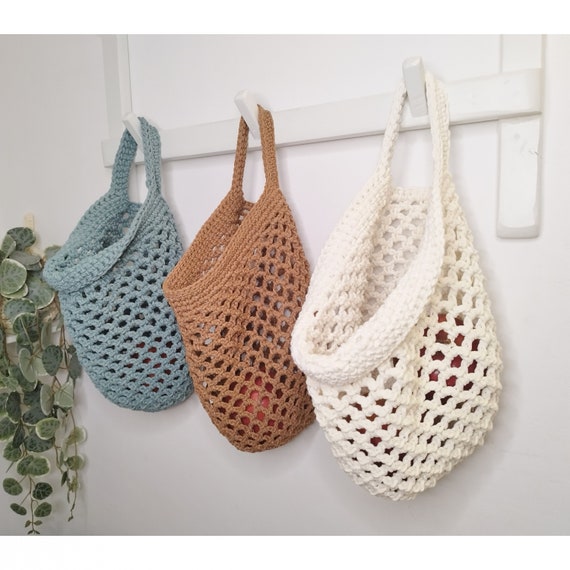 Crochet Hanging Fruit Basket: Recycled Cotton Vegetable Storage