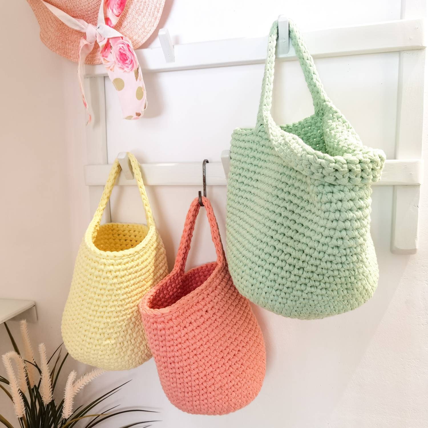 Wall hanging storage basket pastel colors crochet hanging | Etsy