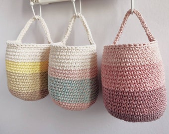 Colorful hanging planter, hanging basket, pink shades, crochet storage basket, eco friendly cotton basket, pencil holder, housewarming gift