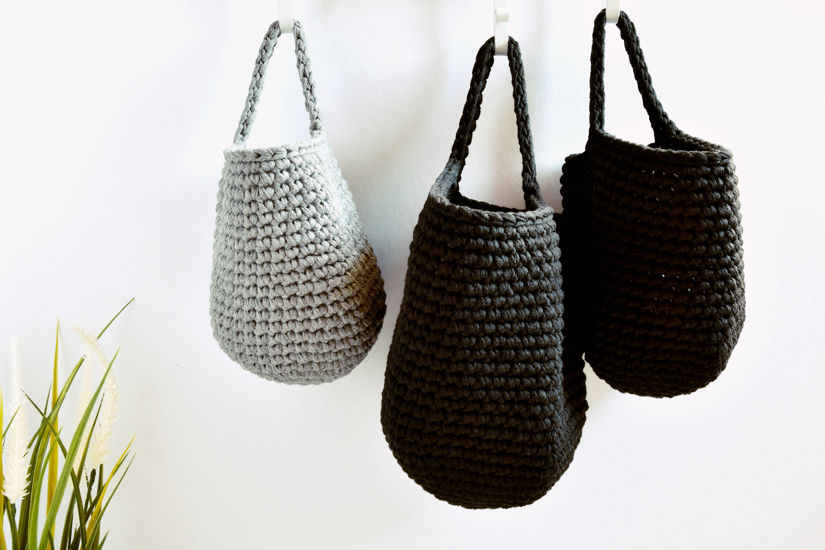 Wall hanging storage basket Black crochet hanging basket | Etsy