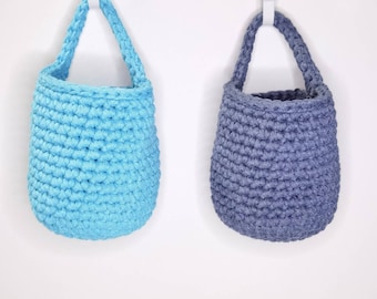 Blue Crochet Hanging Basket Set: Eco-Friendly Cotton Storage