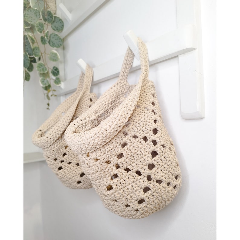 Modern Farmhouse Hanging Basket, Wall Storage, Nursery room decor aesthetic, Cotton Crochet zdjęcie 2