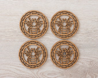 Ensemble de 4 sous-verres ronds en chêne abeille - Café - Thé - Vin - Bière - Sous-verres en bois - Abeille