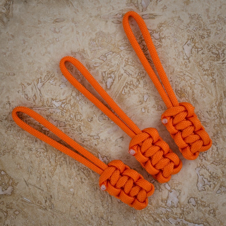 3 fermetures à glissière orange paracorde cobra lanières poignées de fermeture à glissière pour manteau et sac à dos porte-clés. image 1