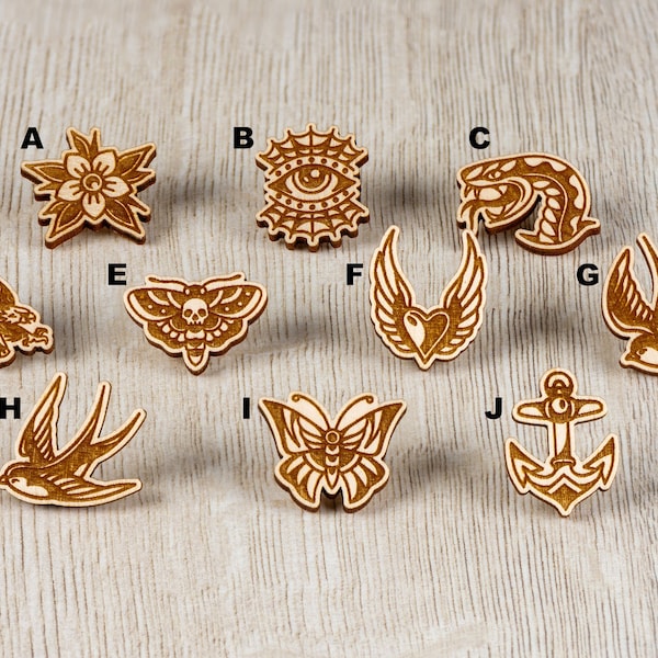 Tattoo Design Pin Badge - Traditional Tattoo - Laser Engraved Wooden Pin Badges - Gift