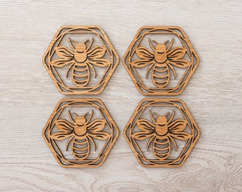 Ensemble de 4 sous-verres hexagonaux en chêne abeille - Café - Thé - Vin - Bière - Sous-verres en bois - Abeille