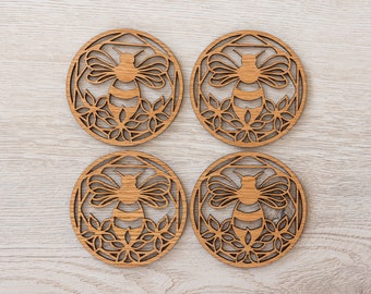 Ensemble de 4 sous-verres ronds en chêne abeille - Café - Thé - Vin - Bière - Sous-verres en bois - Abeille