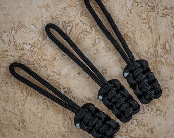 3 x Black Paracord Cobra Weave Zip Pulls - Lanyards - Coat And Backpack Bag Zipper Pulls - Keyring Key Chain.