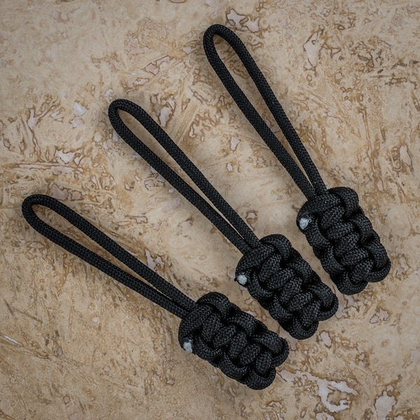 3 x Schwarze Paracord Cobra Weave Zip Pulls - Schlüsselbänder - Mantel Und Rucksack Tasche Reißverschlüsse - Schlüsselring Schlüsselanhänger.