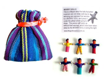 Worry Doll - 6 X MINI WORRY DOLLS in Textile Bag - Blue
