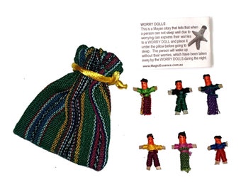 Worry Doll - 6 X MINI WORRY DOLLS in Textile Bag -  Dark Green